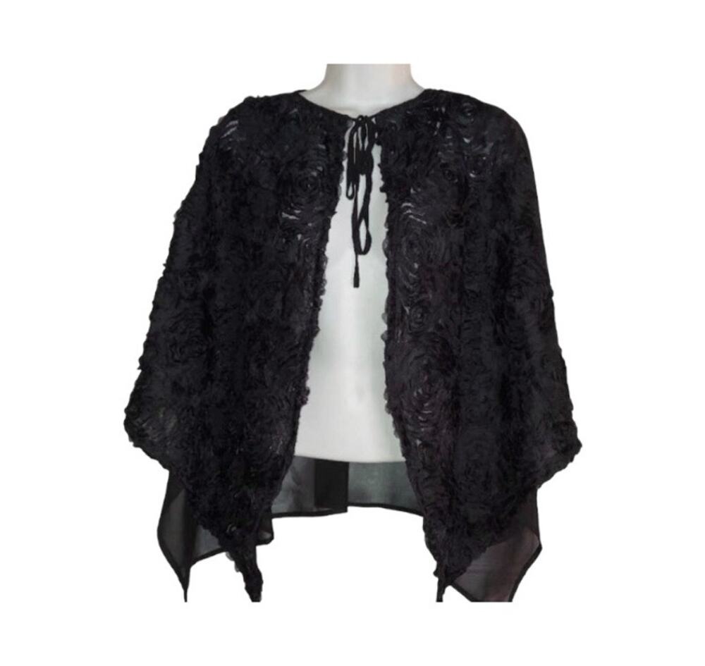 RUYI Black Sheer Chiffon Textured Floral Open Sides Tie Front Evening Cape | OS